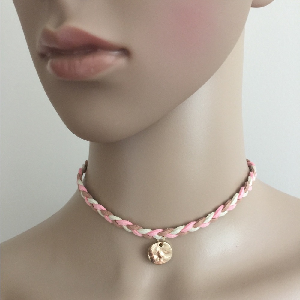 Pink white braided choker with pendant